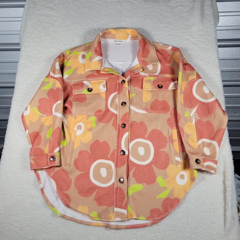 Davi & Dani Shacket Womens Large Tan Orange Floral Button Up Elbow Patch Jacket